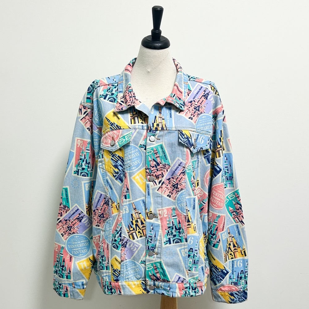 Disney Parks 2022 D23 Castles Stamps Button Up Light Wash Denim Jacket XXL